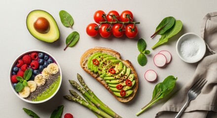 Naklejka premium Healthy Vegetarian Breakfast Flat Lay with Avocado Toast and Smoothie Bowl Fresh Ingredients for Wellness and Balanced Diet