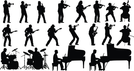 Silhouette, musician, playing, instrument, trumpet, violin, guitar, saxophone, drum, piano, performance, music, posture, gesture, activity, vector, illustration, concert, band, art