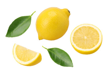 Obraz na płótnie Canvas lemon fruit with leaves, slice and half isolated, Fresh and Juicy Lemon, transparent png, PNG format, cut out