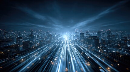 Futuristic city at night, light trails