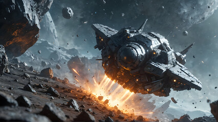 Spaceship navigating asteroid field with thruster fire