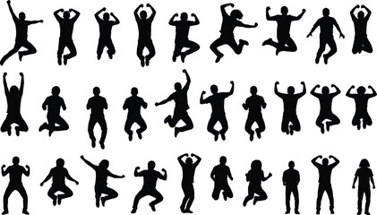 Silhouette, people, jumping, pose, action, movement, posture, energetic, lifestyle, activity, motion, human, vector, illustration, dynamic, gesture, performance, sport, art, design