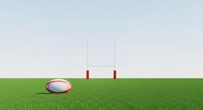 A classic rugby ball awaits on a vibrant green field, perfectly aligned with towering goalposts, symbolizing the anticipation and spirit of the thrilling sport. - Powered by Adobe