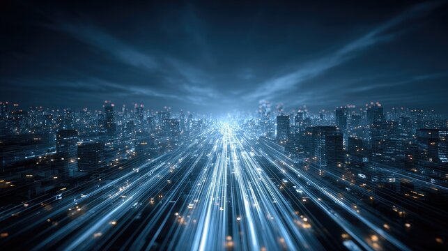 Futuristic city at night, light trails