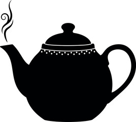Classic black silhouette of a steaming teapot with decorative accents on a white background