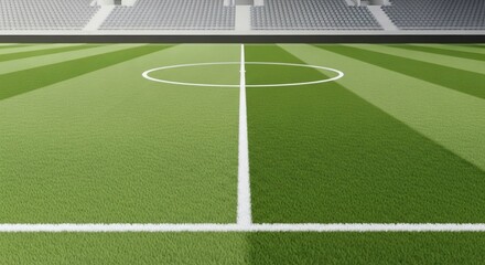 Fototapeta premium View of a professional soccer stadium with a lush green striped grass pitch and white markings ready for a championship match.