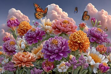 Vibrant flowers with butterflies scene high resolution picture