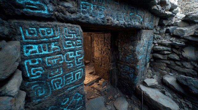 Ancient stone doorway with glowing, patterned glyphs - Powered by Adobe