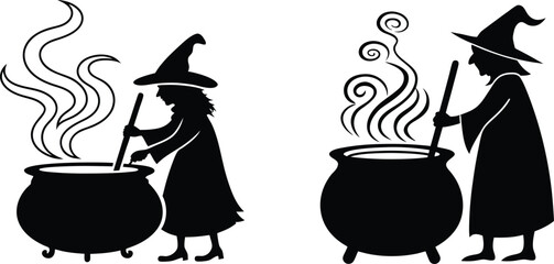 witch stirring cauldron silhouette vector illustration halloween theme