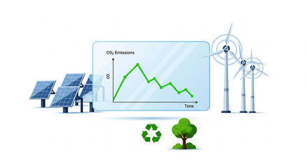 
A clean illustration shows a graph with a downward trend for CO2 emissions, positioned between solar panels and wind turbines, symbolizing how green energy