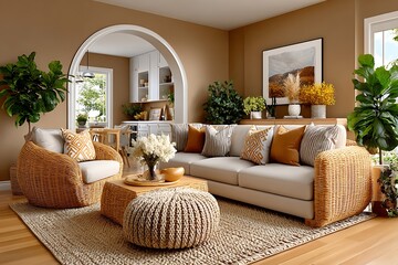 Warm bohemian home decorated with natural greenery high resolution picture