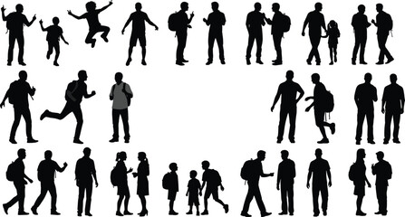 Silhouette, people, walking, talking, standing, running, jumping, interacting, backpack, casual, gesture, movement, lifestyle, activity, human, vector, illustration, posture, motion, leisure