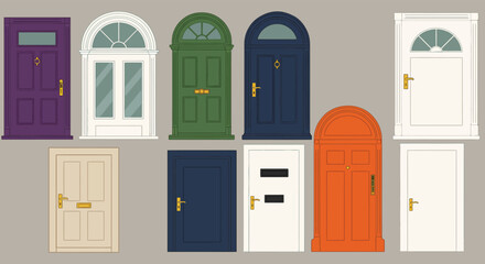 A collection of various colorful doors with different designs and styles, showcasing architectural diversity and creative home design elements