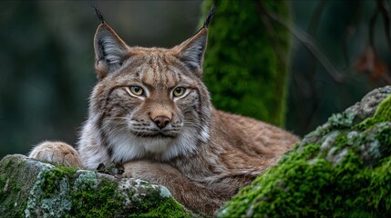 Naklejka premium Majestic lynx portrait showcasing wild beauty and intense gaze in natural forest environment