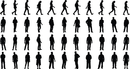 Silhouette, people, walking, standing, phone, backpack, bag, gesture, posture, casual, lifestyle, activity, movement, human, vector, illustration, motion, leisure, urban, scene