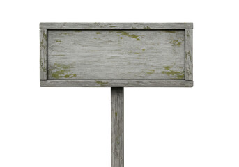 Old weathered wooden signpost with mossy texture, isolated on transparent background