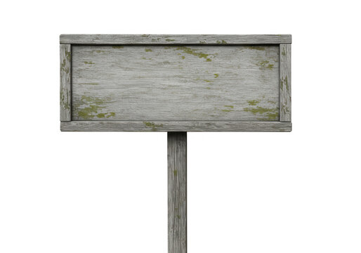Old weathered wooden signpost with mossy texture, isolated on transparent background