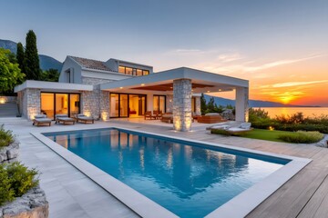 Fototapeta premium Modern luxury villa overlooking tranquil ocean at sunset with infinity pool