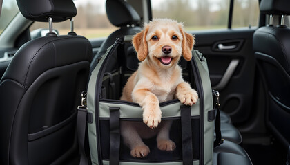 Fototapeta na wymiar Happy golden puppy sitting in pet carrier inside car 
