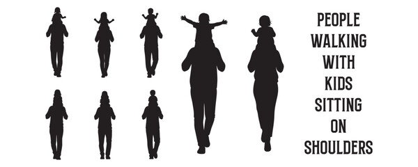 Architectural Drawings people walking with kids sitting on their shoulders silhouette vector illustration, front view, human person Minimal style hand drawn. Sections, Elevations, Floor Plans