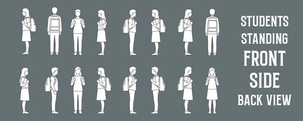 Architectural Drawings students standing, shown in front view, side view, and back view vector illustration, human person Minimal style hand drawn. Sections, Elevations, Floor Plans © MkJutt