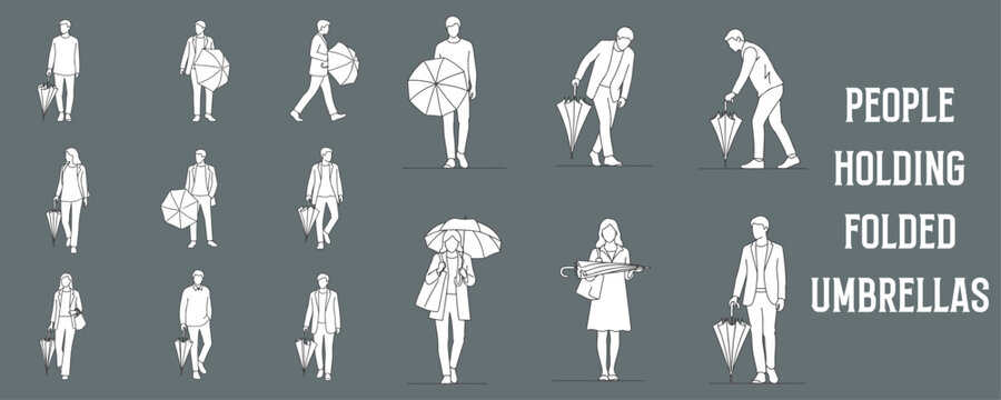 Architectural Drawings holding folded umbrellas by their side or tucked under arms vector illustration, front view, human person Minimal style hand drawn. Sections, Elevations, Floor Plans