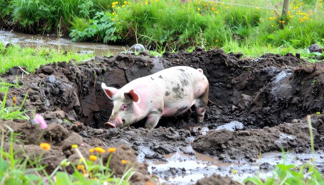 A pink and white pig happily wallows in a muddy hole, amidst lush greenery and a small stream.