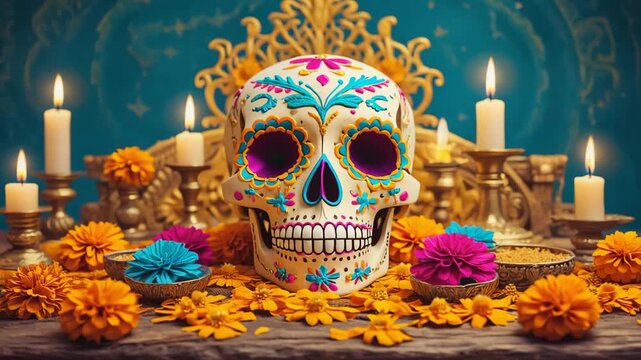 Ornate Sugar Skull adorned with Flowers and Candles for a Day of the Dead Altar, set against a Decorative Teal Backdrop.