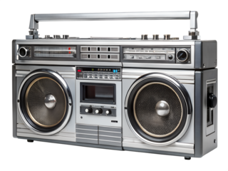 Retro silver boombox with cassette player isolated on transparent background, a vintage portable stereo for music lovers, perfect for oldschool vibes