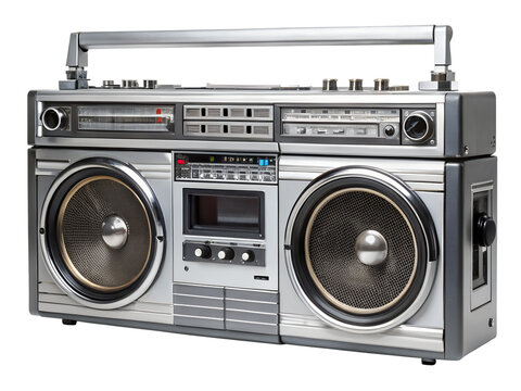 Retro silver boombox with cassette player isolated on transparent background, a vintage portable stereo for music lovers, perfect for oldschool vibes