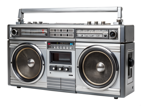 Retro silver boombox with cassette player isolated on transparent background, a vintage portable stereo for music lovers, perfect for oldschool vibes - Powered by Adobe