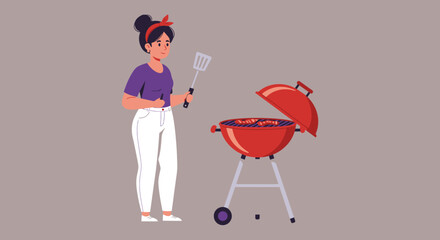A woman is grilling sausages on a barbecue grill, enjoying the summer party with friends and family in the backyard, cooking delicious food