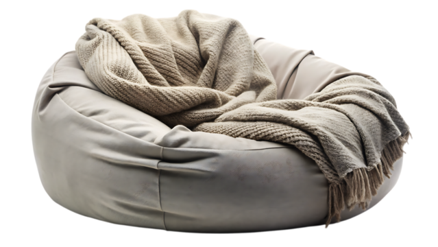 Comfortable Beanbag Chair with Rumpled Throw – Isolated on Transparent Background, AI Generated