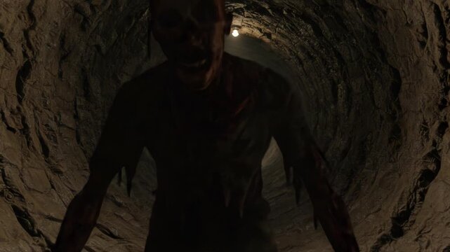 A menacing creature emerges from the dark depths of a decrepit tunnel, showcasing terror and suspense in a chilling, atmospheric descent into the unknown.