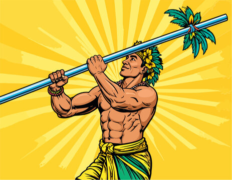 Samoan fire knife dancer holding a nifo oti in an illustration with a yellow background, showing the powerful physique of the dancer, and a decorative headdress.