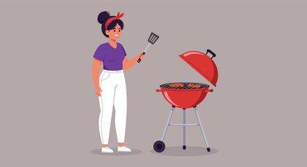 A woman is grilling sausages on a barbecue grill, enjoying the summer party with friends and family in the backyard, cooking delicious food
