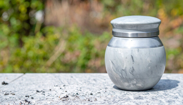 Minimalistic urn with ashes on marble surface outside, natural backdrop. Funeral concept.