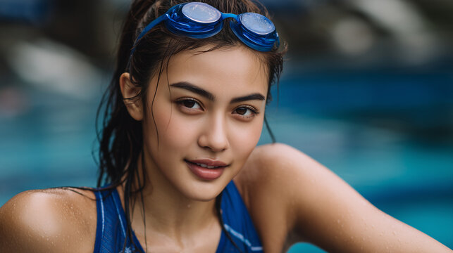 Beautiful asian swimmer girl in blue swimming costume , pool is background.