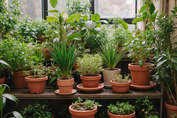 Various potted houseplants arranged on metal shelves near window, showcasing different species with lush green foliage, indoor gardening concept, no people visible