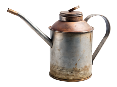 An old metal oil can with rust isolated on transparent background, a vintage tool for lubricating machinery and engines, perfect for retro industrial themes
