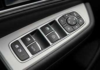 Obraz premium A detailed close-up of a car's modern door panel with controls for windows, locks, and side mirrors.