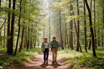 Fototapeta premium Senior Caucasian woman and senior Caucasian man walking together on forest path holding hands, both smiling and looking at each other, surrounded by tall green trees
