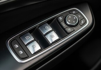 Obraz premium A detailed close-up of a car's modern door panel with controls for windows, locks, and side mirrors.