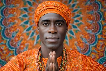 Obraz premium Babalorixa praying with hands together in front of colorful tapestry