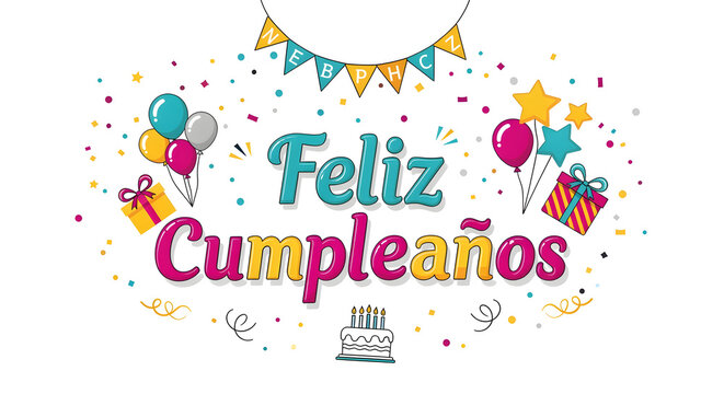 Cute Feliz Cumplea&ntilde;os text greeting clipart with balloons hearts and party elements for birthday celebration graphics