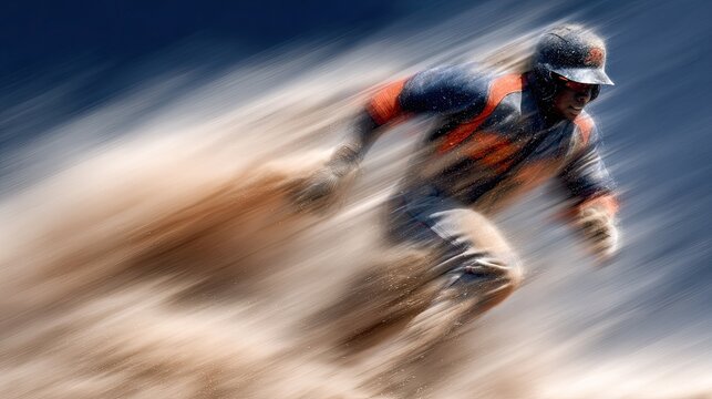 A dynamic figure in motion, blurred by speed, surrounded by dust