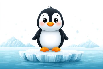 Fototapeta premium Cute cartoon penguin standing on ice floe in antarctica