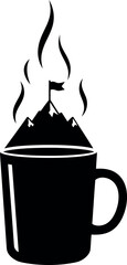 Black silhouette of a steaming coffee mug with a mountain peak and flag emerging from the hot beverage representing ambition and success