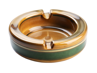A vintage ceramic ashtray with brown, green, and gold accents isolated on transparent background, a symbol of smoking and its associated health risks