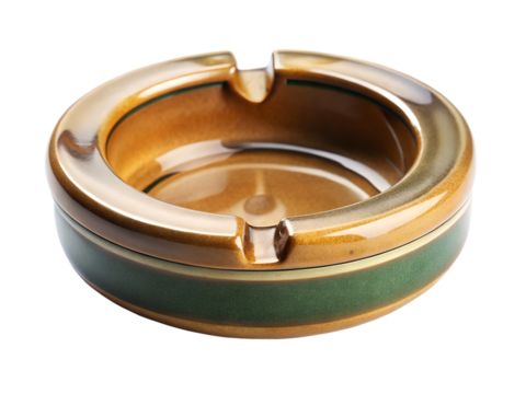 A vintage ceramic ashtray with brown, green, and gold accents isolated on transparent background, a symbol of smoking and its associated health risks